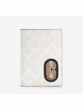Coach White Signature Passport Holder with Black & Tan Logo Patch